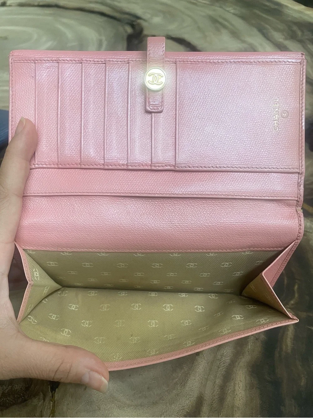 Chanel continental iridescent pink gold long wallet.
